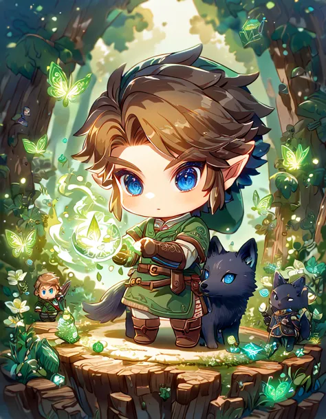 absurdres, highres, ultra detailed, HDR, master piece, best quality, extremely detailed, Link chibi, brown hair, expressive blue...