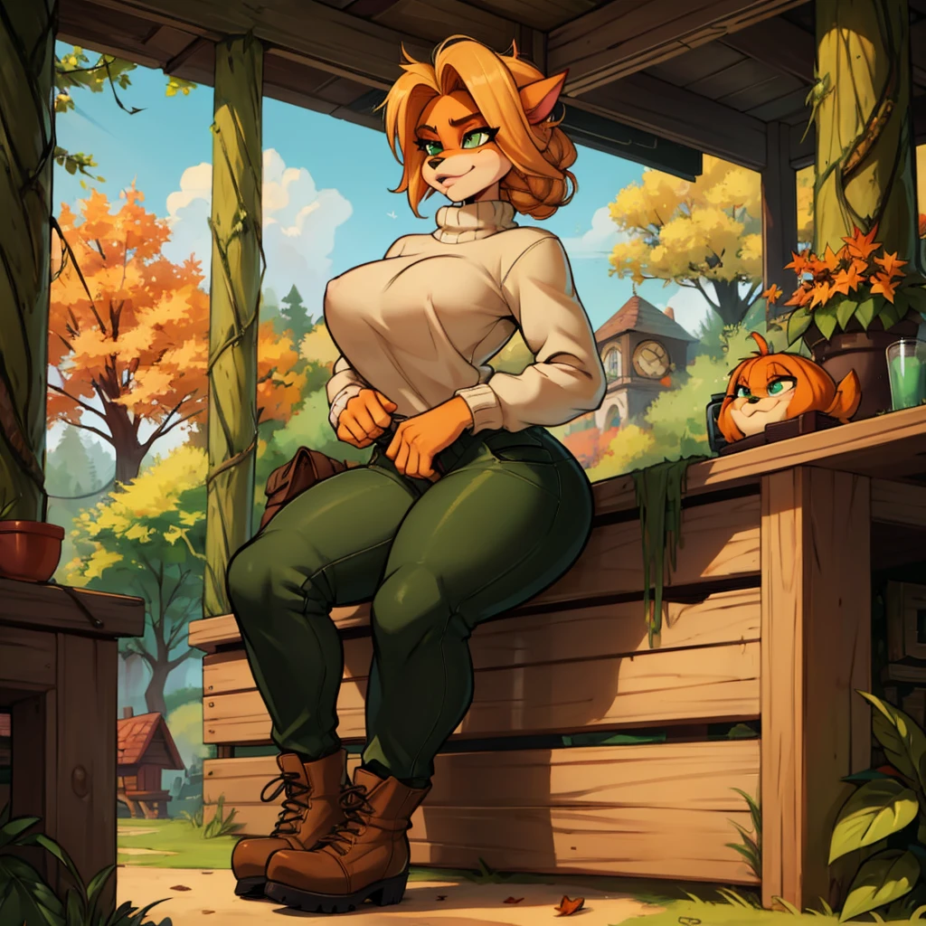 anthro bandicoot girl redhead, braided hair, beautiful green eyes, sexy ,seductive, warm sweater, , camouflage pants, army boots, , Cozy autumn atmosphere, , the forest, autumn , Girl in sweater, ,trousers, army boots, furry anthro bandicoot, seductive facial expression, hands to pants,Unzipped Pants, dynamic pose, 