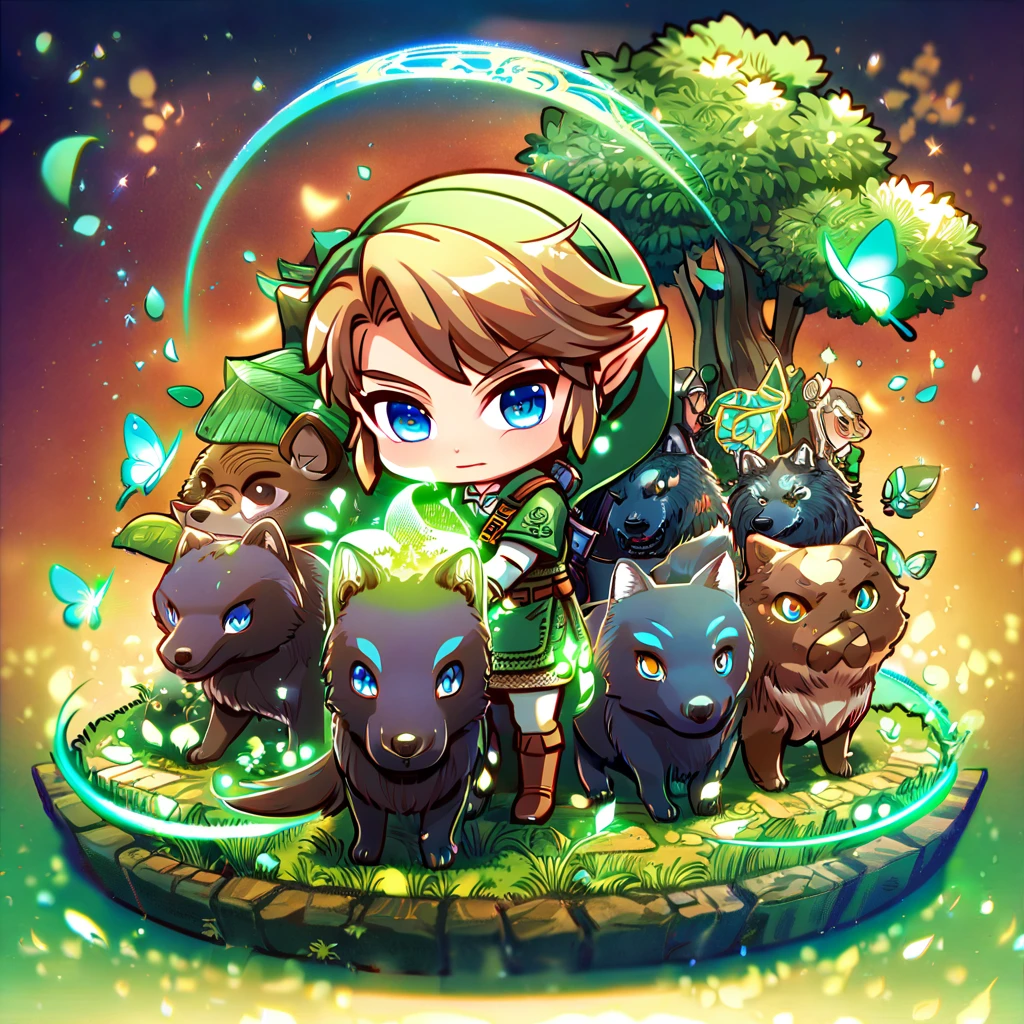 absurdres, highres, ultra detailed, HDR, master piece, best quality, extremely detailed, Link chibi, brown hair, expressive blue eyes, The Legend Of Zelda Twilight Princess, boy hugging a black wolf, cute, small, handsome, green tunic, magical, fantasy, magic, green fire, forest, glittering, green butterflies, green petals, green flowers