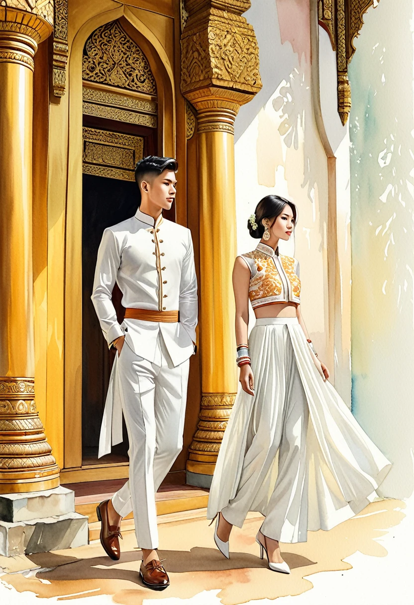 candid fashion illustration of two young man and women, 20-27 year old, adorned in a meticulously crafted North Thai traditional outfits, Lampang, ((showcase fashion Lanna style in white cotton handwoven)), simple elegant style, The man wears a simple long-sleeved white mandarin collar shirt, paired with white Tailor pants, and oxford shoes, The woman complements him with white tubular skirt or Sarong, ankle-length with simple minimal patterns, fitted intricately decorated blouse that complements the skirt, Captured in a low angle, ((full-body image)), ((imperfect Thai temple water color background)), sketching, realistic drawing, imperfect water color drawing, fashion look book, fashion illustrator, sketch design,