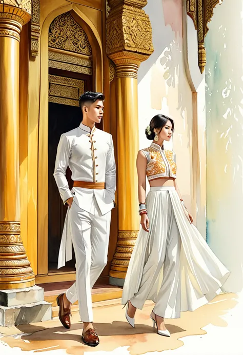 candid fashion illustration of two young man and women, 20-27 year old, adorned in a meticulously crafted North Thai traditional...