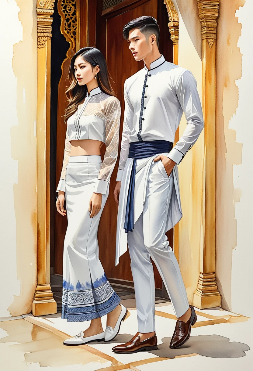 candid fashion illustration of two young man and women, 20-27 year old, adorned in a meticulously crafted North Thai traditional outfits, Lampang, ((showcase fashion Lanna style in white cotton handwoven)), simple elegant style, The man wears a simple long-sleeved white mandarin collar shirt, paired with white Tailor pants, and oxford shoes, The woman complements him with white tubular skirt or Sarong, ankle-length with simple minimal patterns, fitted intricately decorated blouse that complements the skirt, Captured in a low angle, ((full-body image)), ((imperfect Thai temple water color background)), sketching, realistic drawing, imperfect water color drawing, fashion look book, fashion illustrator, sketch design,