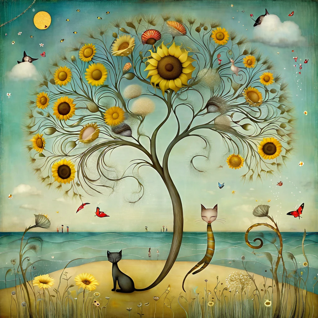 style inspired by Klimt, Nicoletta Ceccoli, Catrin Welz-Stein, Didier Lourenç. In the seascape of a beach, with dunes, grass, a large tree with many large branches moving in every direction. On the branches are cats, with long necks and tails and many colors, sleeping. sunflower and dandelion flowers