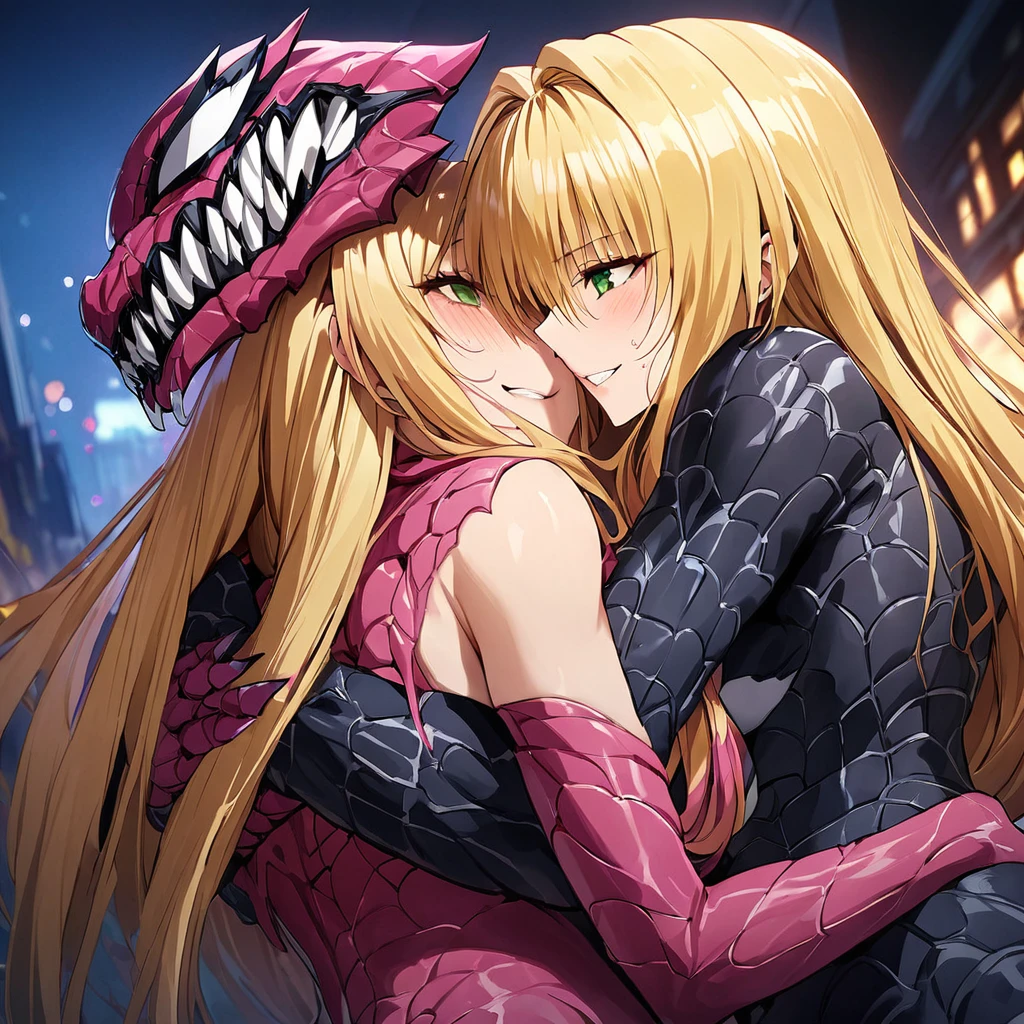 ((Highest quality)), ((masterpiece)), (detailed), （Perfect Face）、The woman is a female Venom named Tearju, a green-eyed, blonde, medium-long-haired female Venom, whose body has been completely transformed into Venom and who is wearing a Venom suit.、The woman is happily cuddling with the Venom man.、Venom man holding a woman