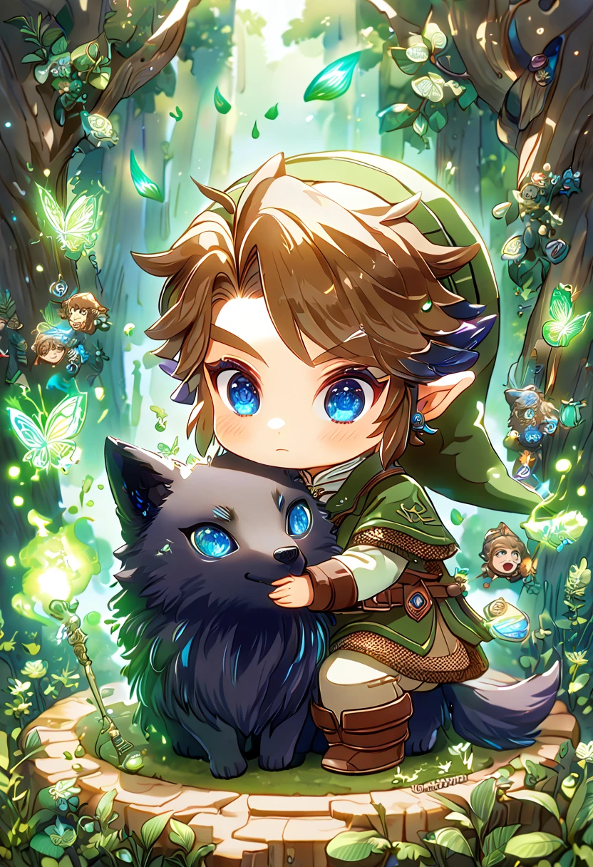 absurdres, highres, ultra detailed, HDR, master piece, best quality, extremely detailed, Link chibi, brown hair, expressive blue eyes, The Legend Of Zelda Twilight Princess, boy hugging a black wolf, cute, small, handsome, green tunic, magical, fantasy, magic, green fire, forest, glittering, green butterflies, green petals, green flowers