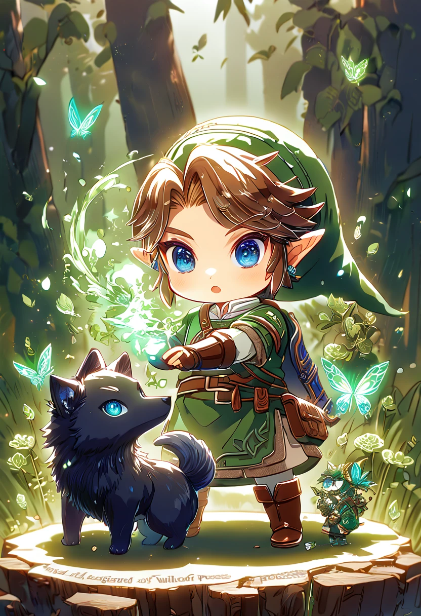 absurdres, highres, ultra detailed, HDR, master piece, best quality, extremely detailed, Link chibi, brown hair, expressive blue eyes, The Legend Of Zelda Twilight Princess, boy hugging a black wolf, cute, small, handsome, green tunic, magical, fantasy, magic, green fire, forest, glittering, green butterflies, green petals, green flowers