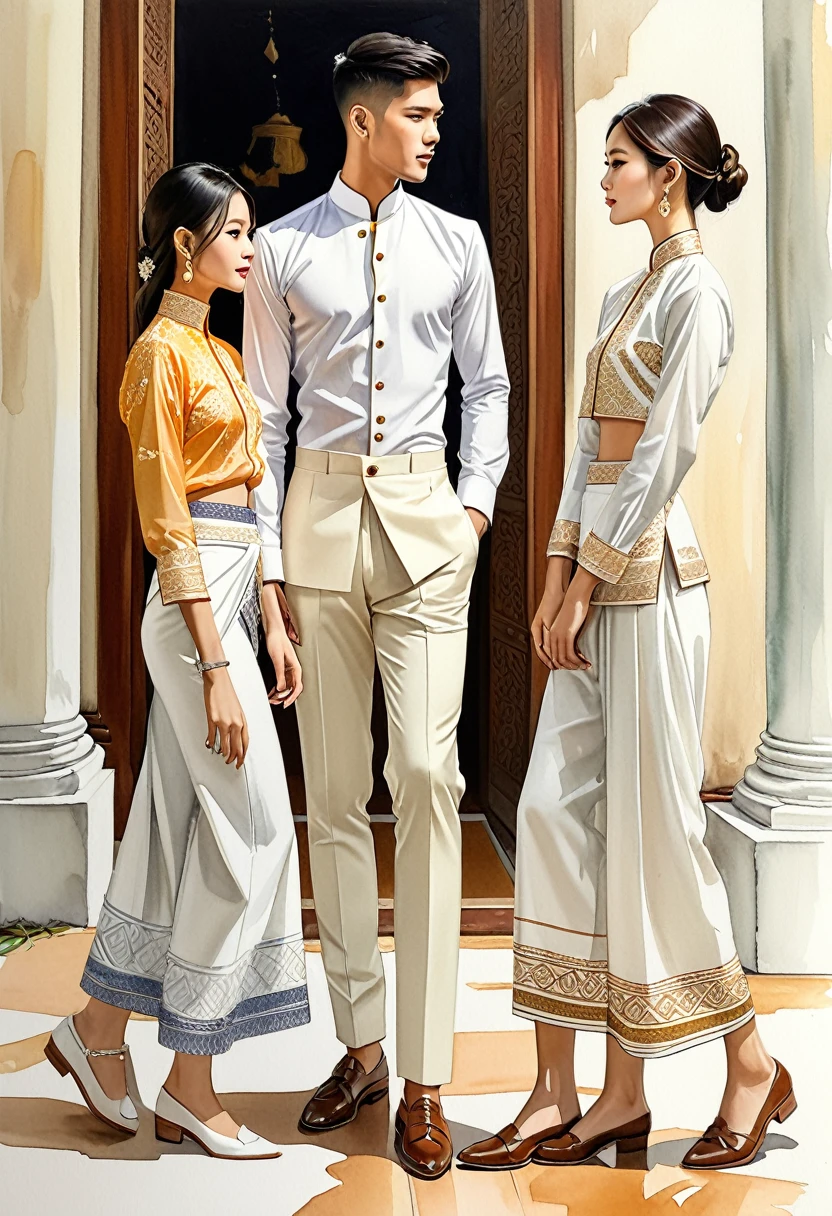 candid fashion illustration of two young man and women, 20-27 year old, adorned in a meticulously crafted North Thai traditional outfits, Lampang, ((showcase fashion Lanna style in white cotton handwoven)), simple elegant style, The man wears a simple long-sleeved white mandarin collar shirt, paired with white Tailor pants, and oxford shoes, The woman complements him with white tubular skirt or Sarong, ankle-length with simple minimal patterns, fitted intricately decorated blouse that complements the skirt, Captured in a low angle, ((full-body image)), ((imperfect Thai temple water color background)), sketching, realistic drawing, imperfect water color drawing, fashion look book, fashion illustrator, sketch design,