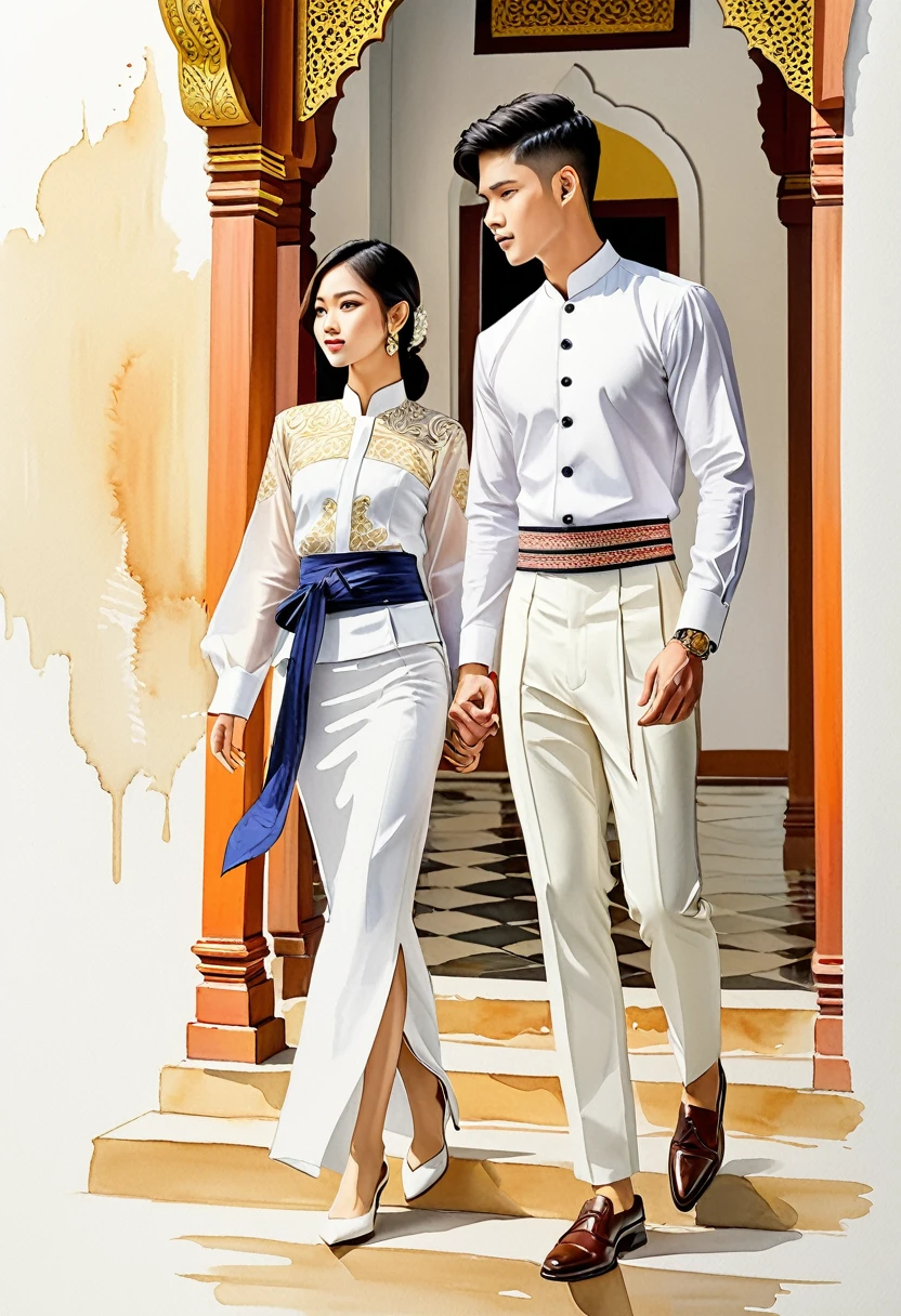 candid fashion illustration of two young man and women, 20-27 year old, adorned in a meticulously crafted North Thai traditional outfits, Lampang, ((showcase fashion Lanna style in white cotton handwoven)), simple elegant style, The man wears a simple long-sleeved white mandarin collar shirt, paired with white Tailor pants, and oxford shoes, The woman complements him with white tubular skirt or Sarong, ankle-length with simple minimal patterns, fitted intricately decorated blouse that complements the skirt, Captured in a low angle, ((full-body image)), ((imperfect Thai temple water color background)), sketching, realistic drawing, imperfect water color drawing, fashion look book, fashion illustrator, sketch design,