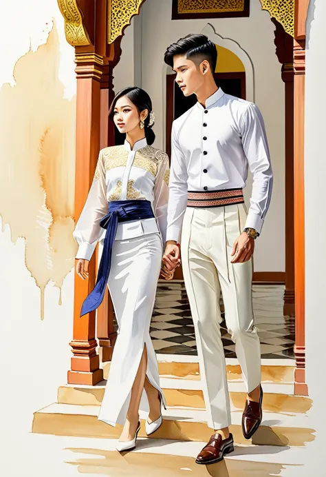 candid fashion illustration of two young man and women, 20-27 year old, adorned in a meticulously crafted North Thai traditional...