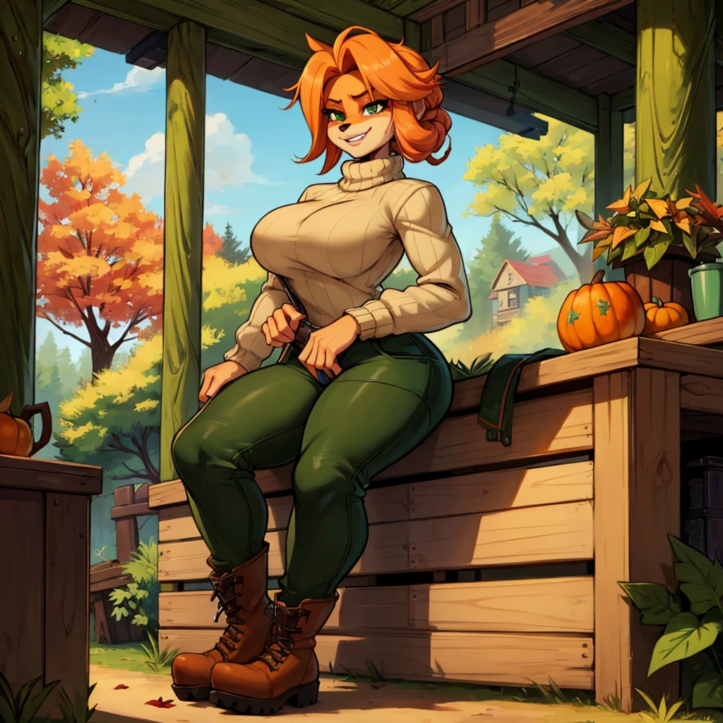  sancy anthro bandicoot girl redhead, braided hair, beautiful green eyes, sexy ,seductive, warm sweater, , camouflage pants, army boots, , Cozy autumn atmosphere, , the forest, autumn , Girl in sweater, ,trousers, army boots, furry anthro bandicoot, seductive facial expression wide grin , hands to ,Unzipped Pants, dynamic pose, 