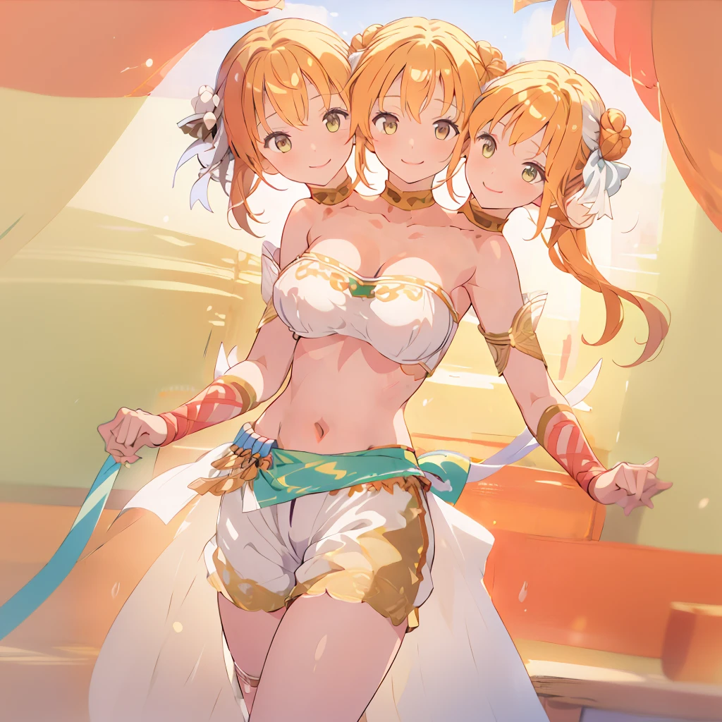 Masterpiece, (3heads:1.5), best quality, 1girl, huge tits, open breasts, smile, looking at viewer,  larumfe, hair bun, midriff, hair ribbon, white shorts, field, dancer, standing, ribbon, (upper body), (cowboy shot)