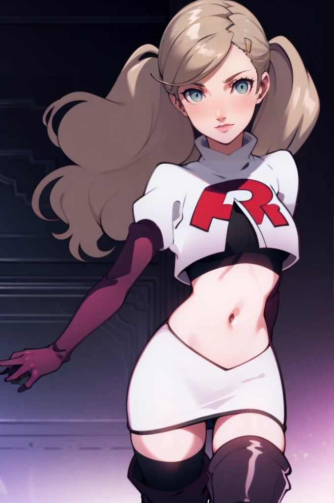 AnnTak, glossy lips ,team rocket uniform, red letter R, white skirt,white crop top,black thigh-high boots, black elbow gloves, evil smile, looking at viewer, cowboy shot