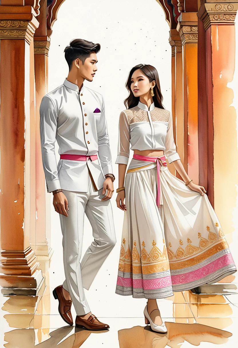 ilustración de moda sincera de dos hombres y mujeres jóvenes, 20-2, adornado con trajes tradicionales del norte de Tailandia meticulosamente elaborados, Tipo, ((escaparate de moda estilo Lanna en algodón blanco tejido a mano)), estilo sencillo y elegante, El hombre lleva una sencilla camisa blanca de cuello mandarín y manga larga., combinado con pantalones Tailor blancos, y zapatos oxford, La mujer lo complementa con una falda tubular blanca o un pareo hasta los tobillos con sencillos estampados minimalistas en rosa., blusa ajustada intrincadamente decorada que complementa la falda, Capturado en un ángulo bajo, ((Imagen de cuerpo completo)), ((Fondo de color de agua de templo tailandés imperfecto)), dibujando, dibujo realista, dibujo imperfecto en acuarela, libro de look de moda, ilustrador de moda, diseño de boceto,