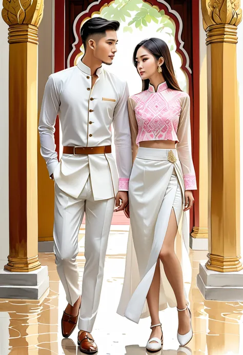 candid fashion illustration of two young man and women, 20-27 year old, adorned in a meticulously crafted North Thai traditional...