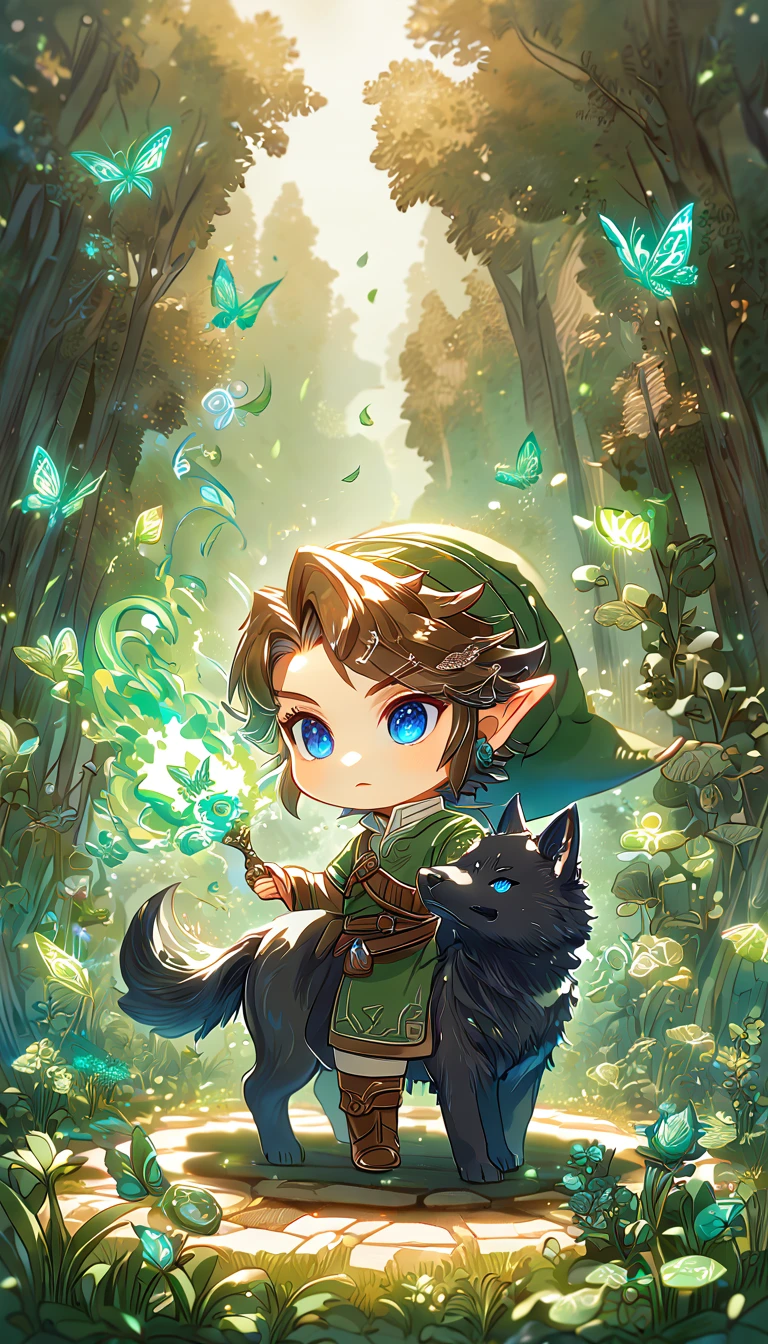 absurdesten, highres, Extrem detailliert, HDR, Meisterwerk, beste Qualität, Extrem detailliert, Chibi-Link, braune Haare, ausdrucksstarke blaue Augen, Die Legende von Zelda: Twilight Princess, Junge umarmt einen schwarzen Wolf, Niedlich, Klein, Gutaussehend, grüne Tunika, Magieal, Fantasie, Magie, grünes Feuer, Wald, glänzend, grüne Schmetterlinge, grüne Blütenblätter, grüne Blumen