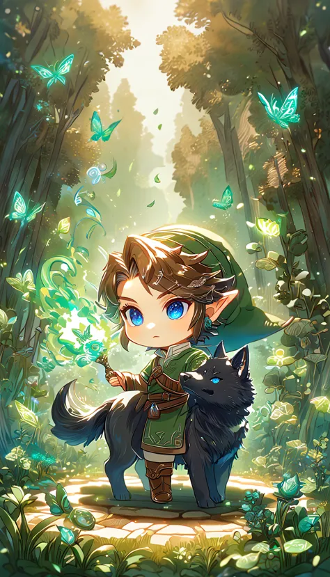 absurdres, highres, ultra detailed, HDR, master piece, best quality, extremely detailed, Link chibi, brown hair, expressive blue...