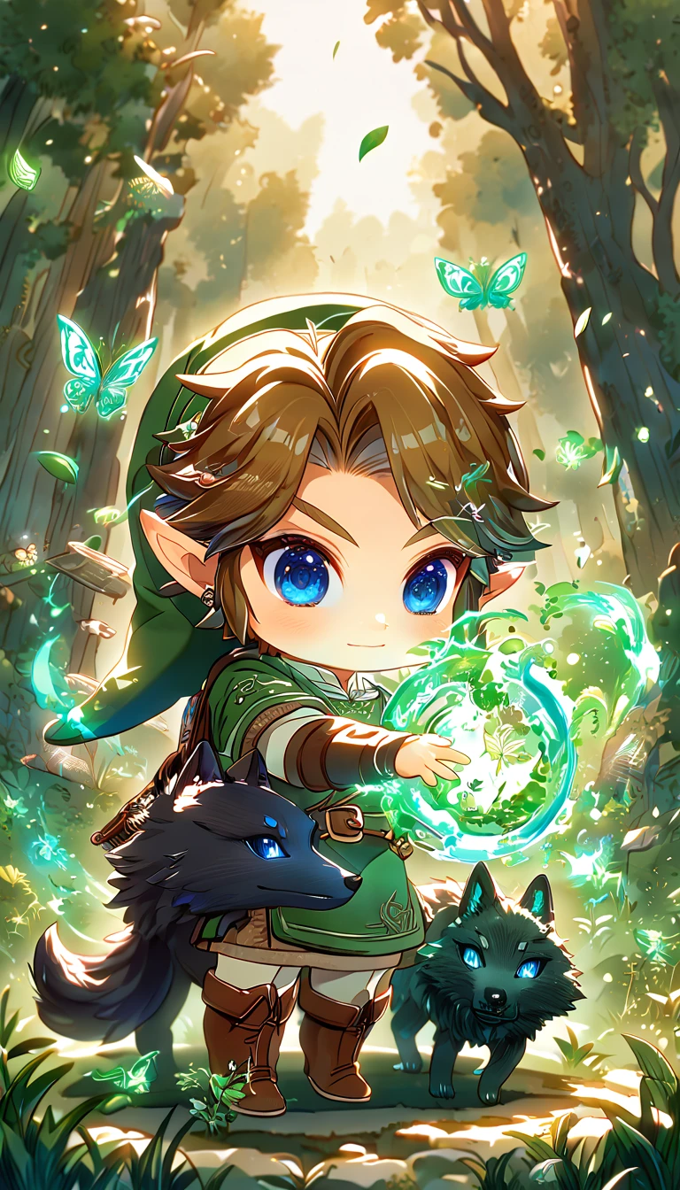 absurdos, alta resolução, ultra detalhado, HDR, obra de arte, melhor qualidade, extremamente detalhado, Link chibi, cabelo castanho, olhos azuis expressivos, A Lenda de Zelda Princesa do Crepúsculo, menino abraçando um lobo preto, bonitinho, pequeno, bonito, túnica verde, Magiaal, fantasia, Magia, fogo verde, floresta, Brilhante, borboletas verdes, Pétalas verdes, flores verdes