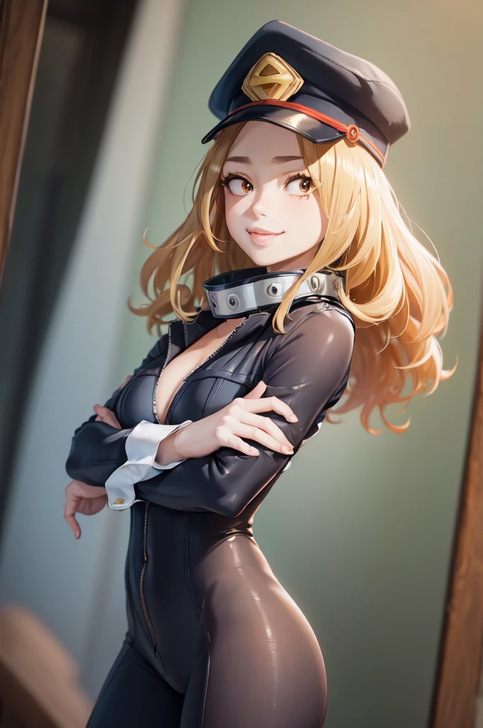 (masterpiece, best quality:1.2), cowboy shot, solo, 1girl, utsushimi camie, smile, looking at viewer, crossed arms, peaked cap, black bodysuit, unzipped, cleavage