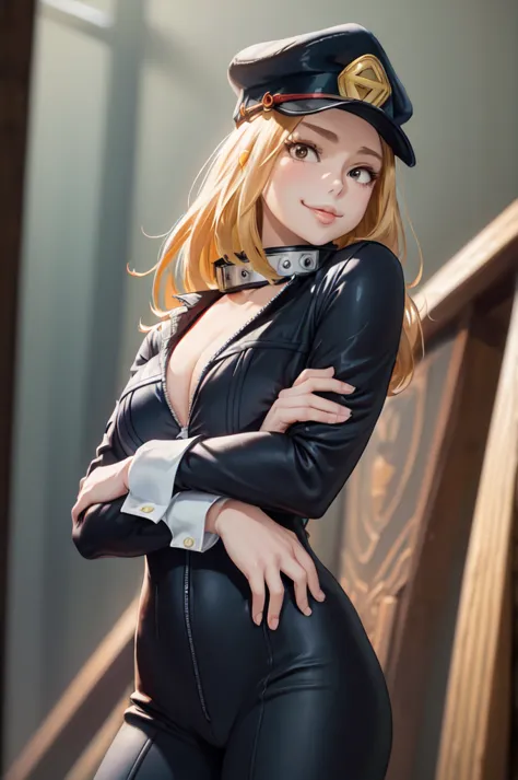 (masterpiece, best quality:1.2), cowboy shot, solo, 1girl, utsushimi camie, smile, looking at viewer, crossed arms, peaked cap, ...