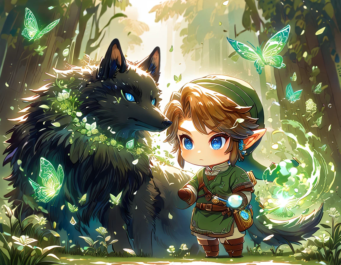 absurdesten, highres, Extrem detailliert, HDR, Meisterwerk, beste Qualität, Extrem detailliert, Chibi-Link, braune Haare, ausdrucksstarke blaue Augen, Die Legende von Zelda: Twilight Princess, Junge umarmt einen schwarzen Wolf, Niedlich, Klein, Gutaussehend, grüne Tunika, Magieal, Fantasie, Magie, grünes Feuer, Wald, glänzend, grüne Schmetterlinge, grüne Blütenblätter, grüne Blumen