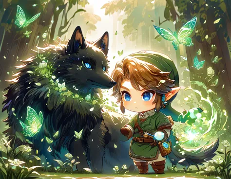 absurdres, highres, ultra detailed, HDR, master piece, best quality, extremely detailed, Link chibi, brown hair, expressive blue...