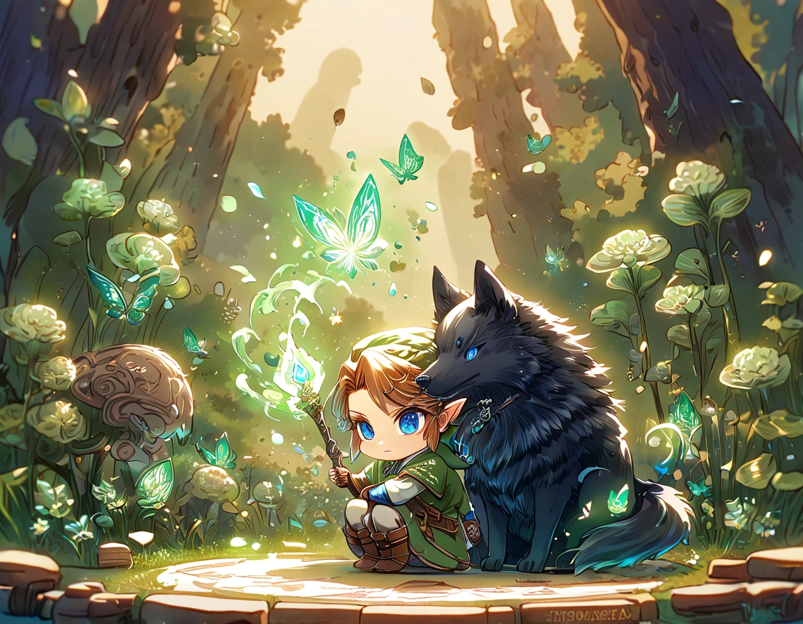 absurdesten, highres, Extrem detailliert, HDR, Meisterwerk, beste Qualität, Extrem detailliert, Chibi-Link, braune Haare, ausdrucksstarke blaue Augen, Die Legende von Zelda: Twilight Princess, Junge umarmt einen schwarzen Wolf, Niedlich, Klein, Gutaussehend, grüne Tunika, Magieal, Fantasie, Magie, grünes Feuer, Wald, glänzend, grüne Schmetterlinge, grüne Blütenblätter, grüne Blumen