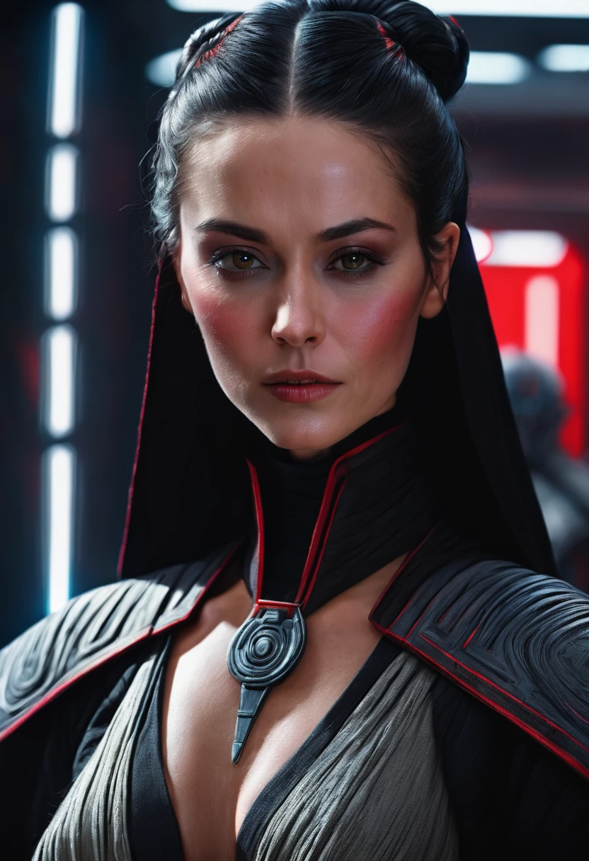 A Sith woman in Star Wars : Empire Strike Back, beautiful, intricate details, 8K Ultra high resolution high definition HDR, long black hair, perfect body figure, ultra realistic, Photorealistic, Fantasy, Compelling Storytelling, Authentic Capture, Vibrant Colors, Accurate Exposure,