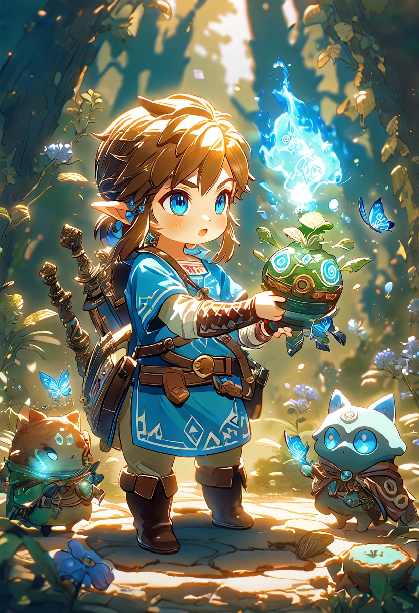 absurdres, highres, ultra detailed, HDR, master piece, best quality, extremely detailed, Link chibi, brown hair, expressive blue eyes, The Legend Of Zelda Breath Of The Wild, boy hugging a korok, cute, small, blue tunic, magical, fantasy, magic, blue fire, forest, glittering, blue butterflies, blue petals, blue flowers