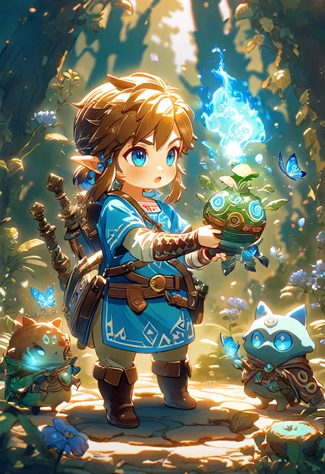 absurdres, highres, ultra detailed, hdr, master piece, best quality, extremely detailed, link chibi, brown hair, expressive blue...