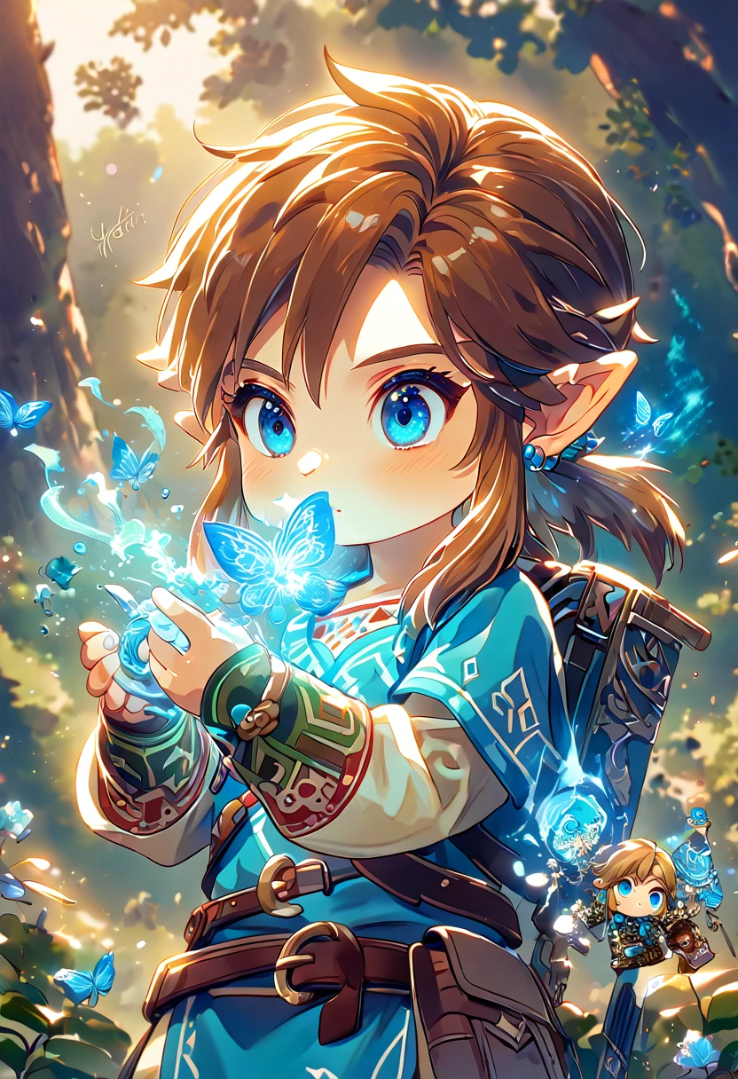 absurdos, alta resolução, ultra detalhado, HDR, obra de arte, melhor qualidade, extremamente detalhado, Link chibi, cabelo castanho, olhos azuis expressivos, o sopro da natureza selvagem de Legend of Zelda, menino abraçando um korok, bonitinho, pequeno, túnica azul, Magiaal, fantasia, Magia, Fogo azul, floresta, Brilhante, borboletas azuis, pétalas azuis, flores azuis