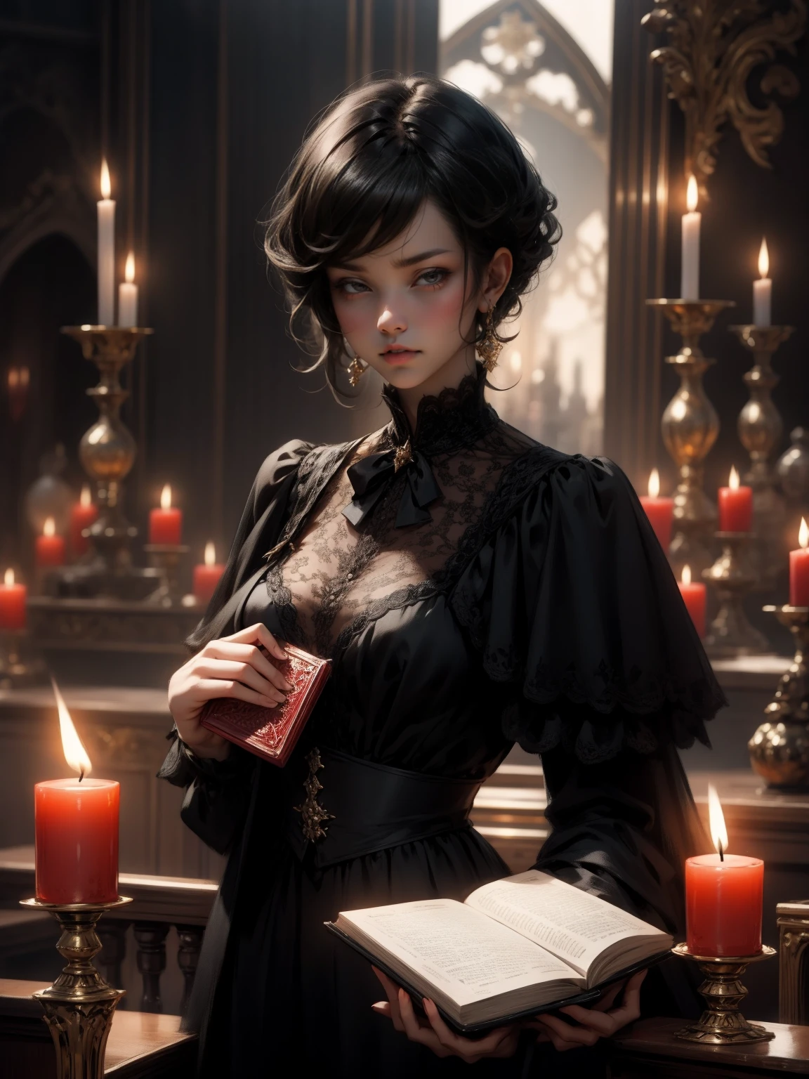 {-erro_de_anatomia:1.0} woman 30 years old, black victorian dress, brown eyes, black hair, short hair, bang, 1968s style, on the saloon, baile, looking at viwer, upper body, dark background, candles, witchcraft, dinamic poses, magic, potions, wearing red lipstik, holding a magic book