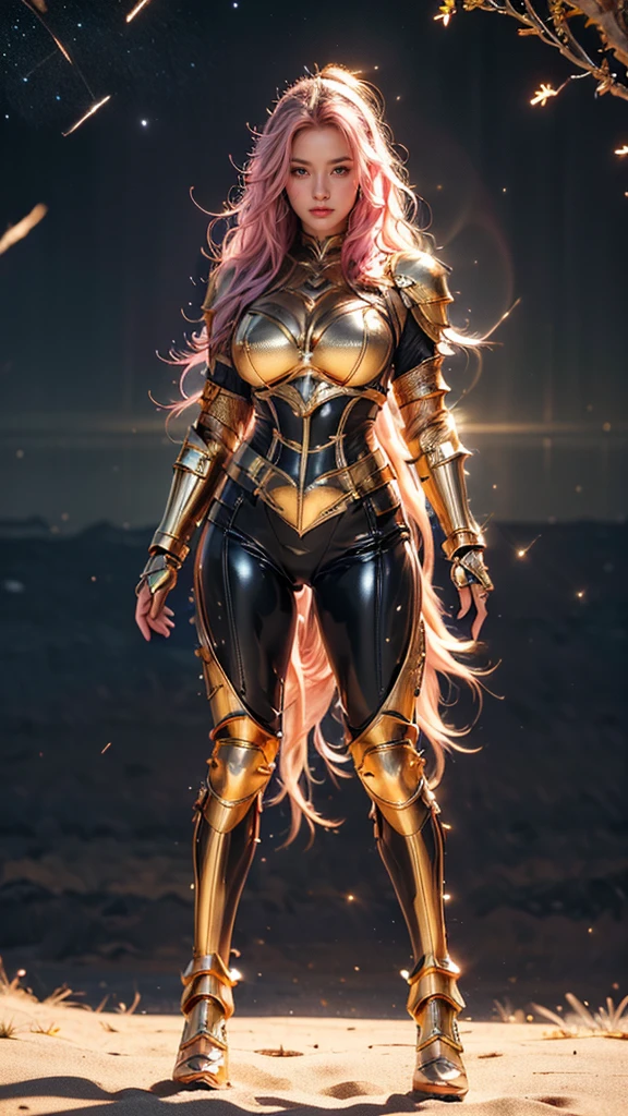 ((best quality)), ((masterpiece)), (ultra detailed lights), ((full body:1.2)), ((skinny body)), anya geraldine, extremely beautiful, ((slim body)), thighs gap, ultra face details, 20 years old, ((pink curvy-hair)), ((hair blown by strong winds :1.3)), Award-winning photograph, ((symmetrical pose)), ((full body golden black armor)), posing in the middle, intricate details, ((thight golden armour)), ((extremely details armor)), ((tight latex pants)), ((24k-gold armor)), ((edge luminous armor)), cameltoe, luminescent, epic lights reflections, she is posing with ((Athena's golden bow)), at beach, full of stars, orange clouds, nebula sky, epic aurora borealis in the background, shooting stars, ((from below))