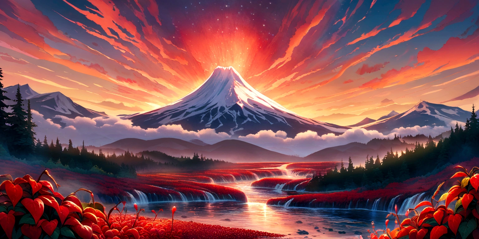 ultra wide landscape flooded with light moebius style, Red chilis, basil, mt hood, waterfall