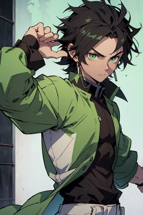 boy, black hair, light green eyes, athletic body, demon slayer clothes