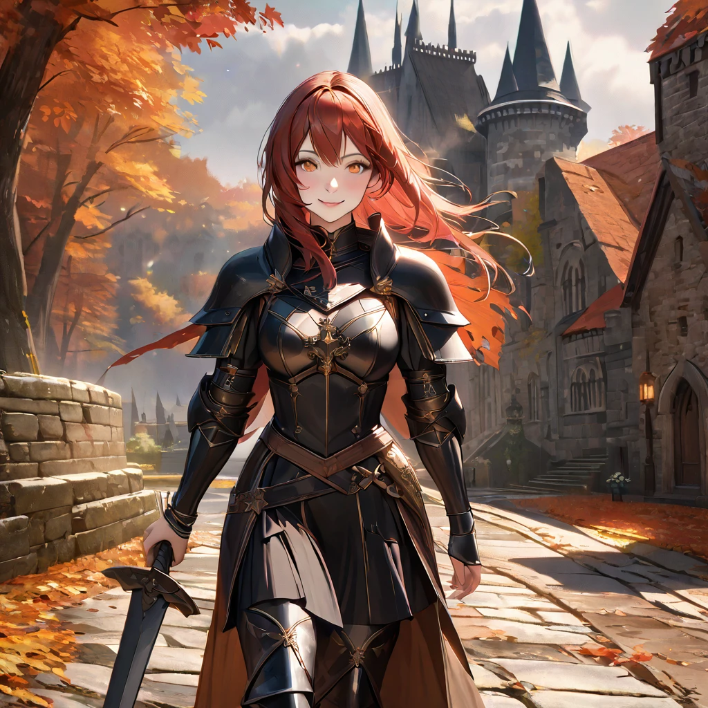 A woman wearing heavy black armor with gold details, helm with exposed face, red feather on helm, black metal bracelet, black metal boots, holding a sword, long black cape, auburn red hair, orange eyes, smiling, walking on the side exterior of a large medieval castle, in autumn weather..UHD , prime work , accurate , anatomically correct , textured skin , super details , high quality , best quality, 8k, high resolution, bokeh effect. (woman alone), close view. realistic
