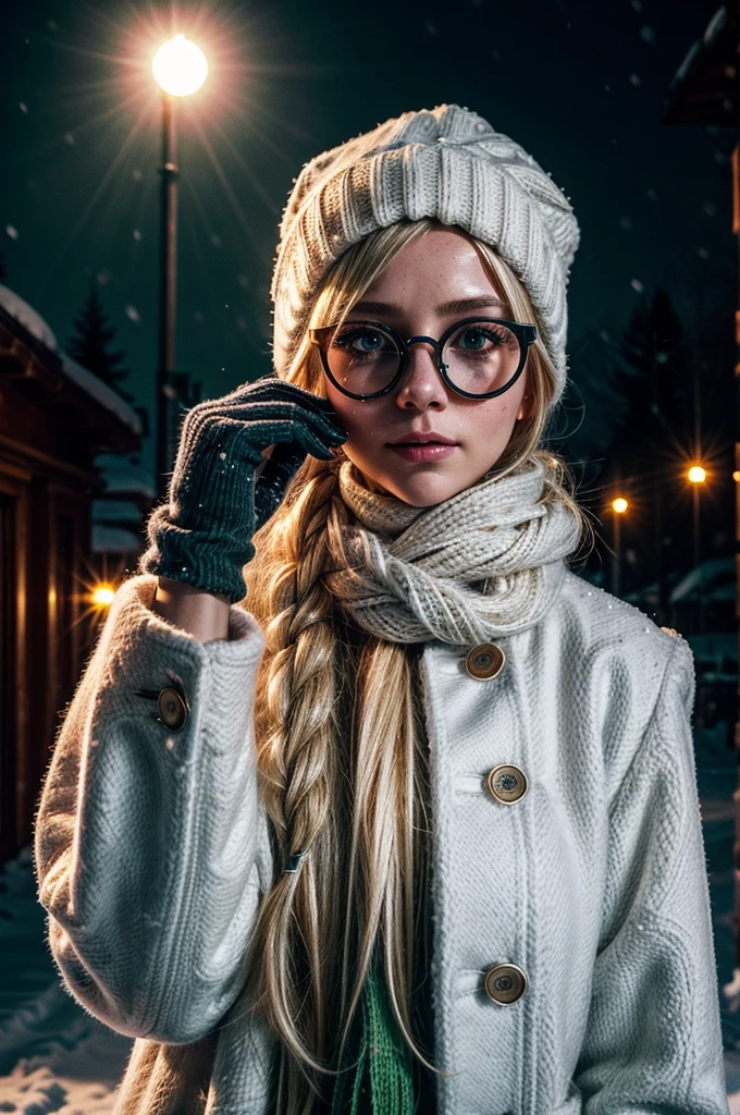 1 girl, blonde hair, long hair, crownbraid, snowcap, round eyewear, glasses, white winter furcoat, snow, standing, in snow, night, solo, orange lighting, pink scarf, hand on scarf, green eyes, black gloves, close up, moonlight, snowing, freckles