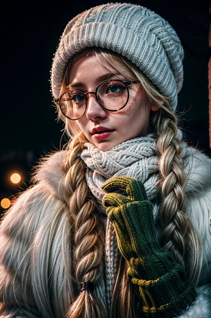 1 girl, blonde hair, long hair, crownbraid, snowcap, round eyewear, glasses, white winter furcoat, snow, standing, in snow, night, solo, orange lighting, pink scarf, hand on scarf, green eyes, black gloves, close up, moonlight, snowing, freckles