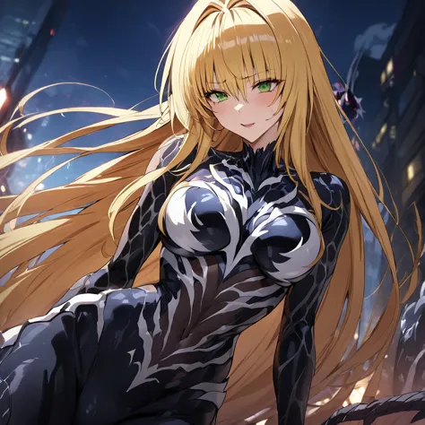 ((Highest quality)), ((masterpiece)), (detailed), （Perfect Face）、The female Venom is Tiare, a green-eyed, blonde, medium-long-ha...