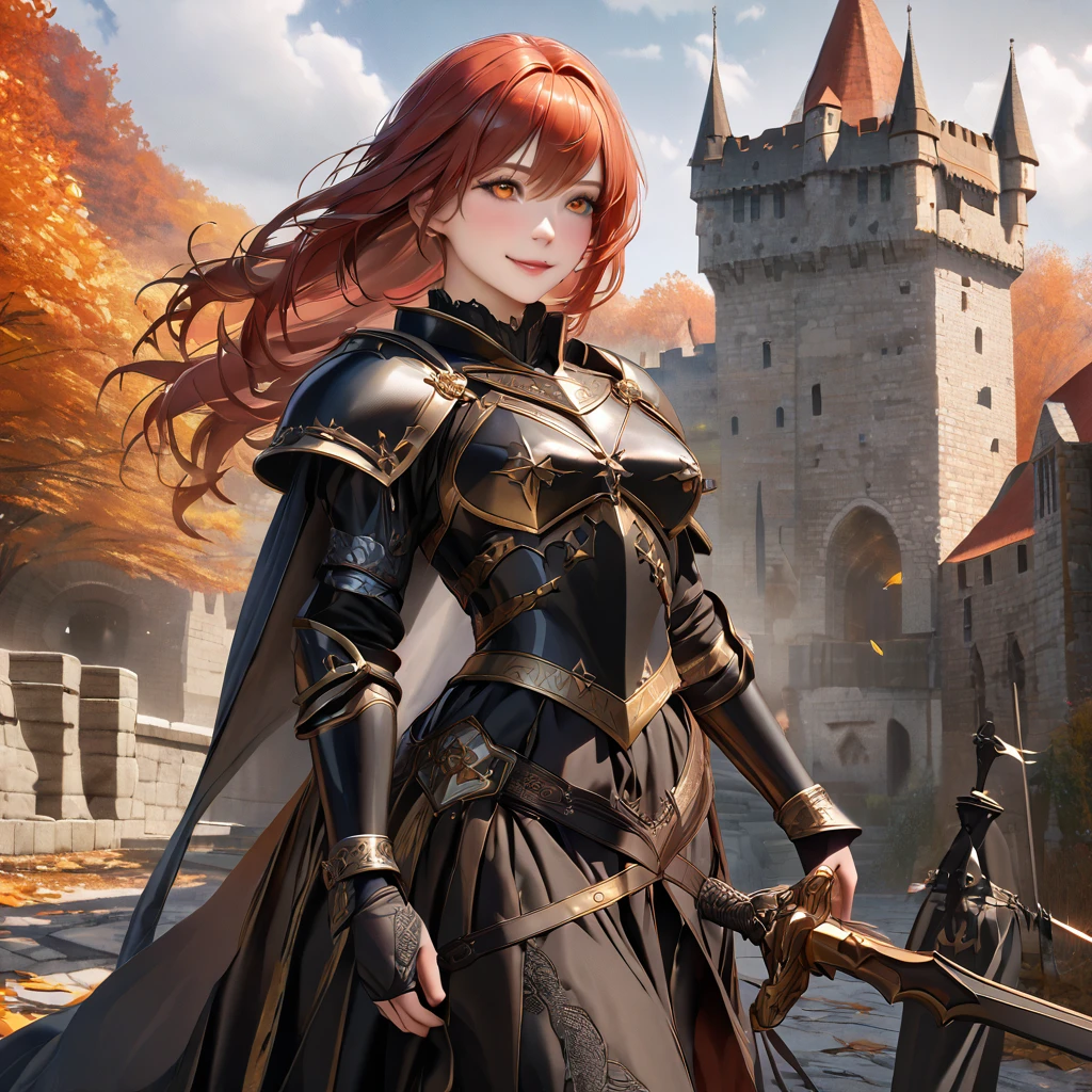 A woman wearing heavy black armor with gold details, helm with exposed face, red feather on helm, black metal bracelet, black metal boots, holding a sword, long black cape, auburn red hair, orange eyes, smiling, walking on the side exterior of a large medieval castle, in autumn weather..UHD , prime work , accurate , anatomically correct , textured skin , super details , high quality , best quality, 8k, high resolution, bokeh effect. (woman alone), close view. realistic
