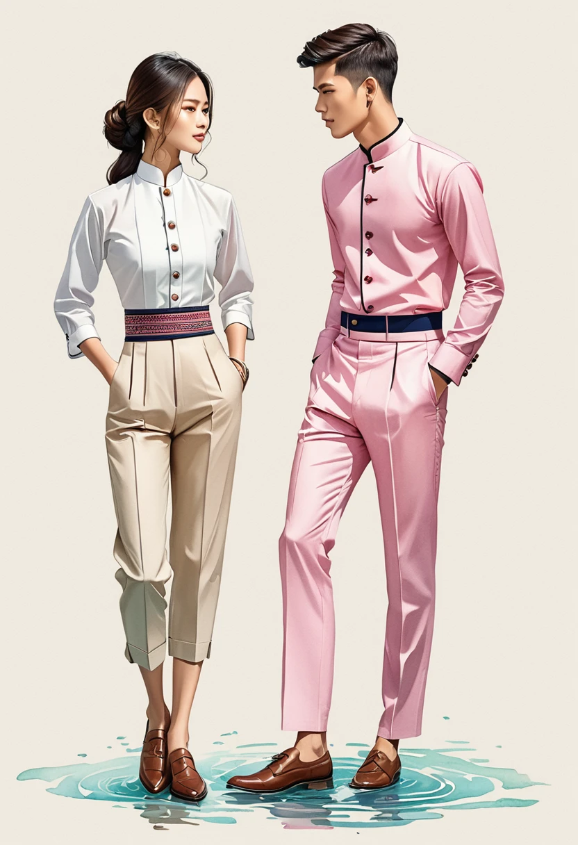 candid fashion illustration of two young man and women, 20-27 year old, adorned in a meticulously crafted North Thai traditional outfits, Lampang, ((showcase fashion Lanna style in cotton handwoven)), simple elegant style, The man wears a simple long-sleeved white mandarin collar suit, paired with Tailor pants, and oxford shoes, The woman complements him with mini tubular skirt made from a cotton ankle-length, simple minimal pink patterns details, fitted intricately decorated waist-length blouse that complements the skirt, Captured in a low angle, ((full-body image)), ((imperfect water color background)), sketching, realistic drawing, imperfect water color drawing, fashion look book, fashion illustrator, sketch design,