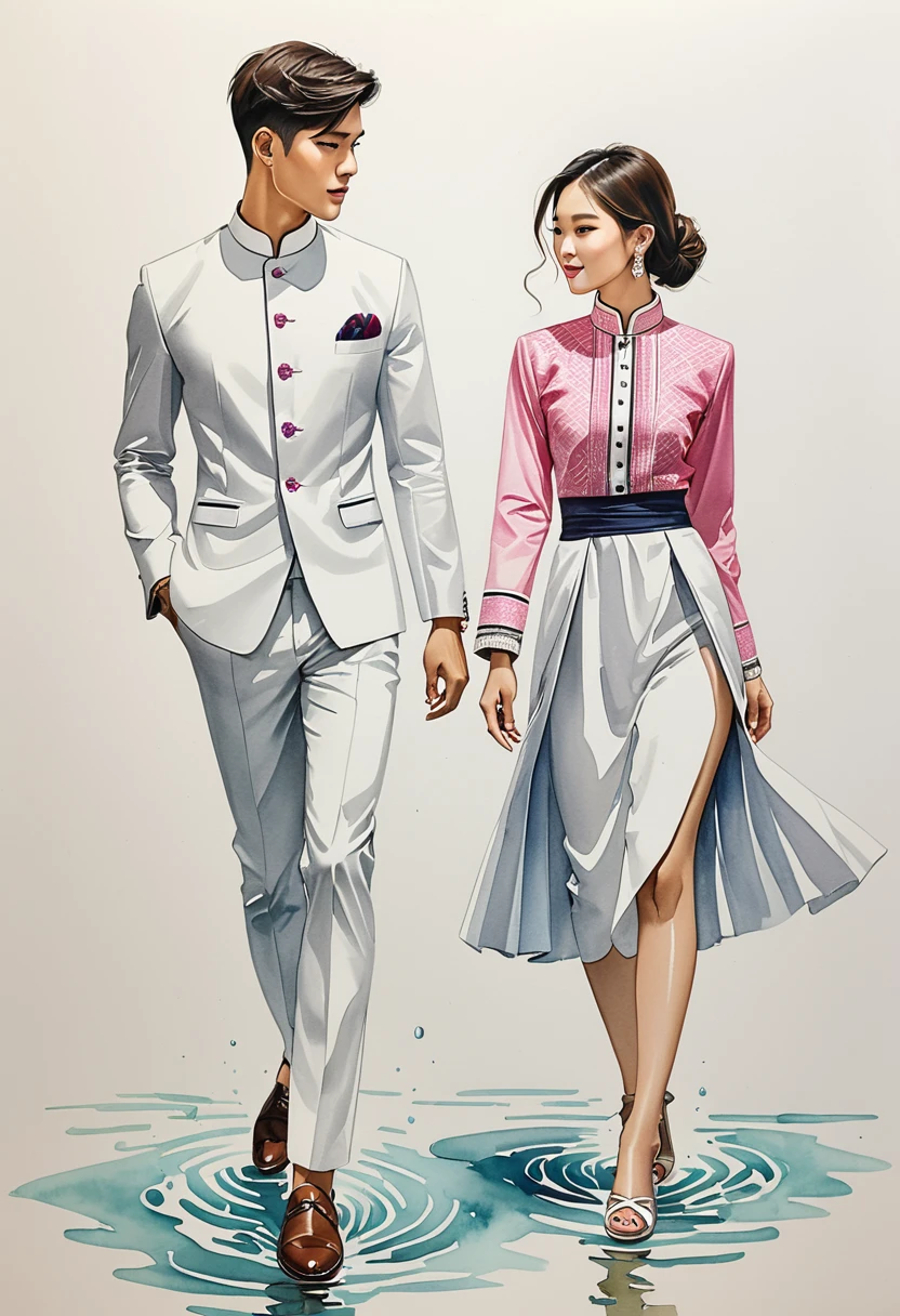 ilustración de moda sincera de dos hombres y mujeres jóvenes, 20-2, adornado con trajes tradicionales del norte de Tailandia meticulosamente elaborados, Tipo, ((muestra la moda estilo Lanna en algodón tejido a mano)), estilo sencillo y elegante, El hombre viste un sencillo traje blanco de manga larga con cuello mao., combinado con pantalones de sastre, y zapatos oxford, La mujer lo complementa con una mini falda tubular hecha de algodón hasta el tobillo, simples patrones rosados mínimos detalles, blusa ajustada hasta la cintura intrincadamente decorada que complementa la falda, Capturado en un ángulo bajo, ((Imagen de cuerpo completo)), ((fondo de color de agua imperfecto)), dibujando, dibujo realista, dibujo imperfecto en acuarela, libro de look de moda, ilustrador de moda, diseño de boceto,