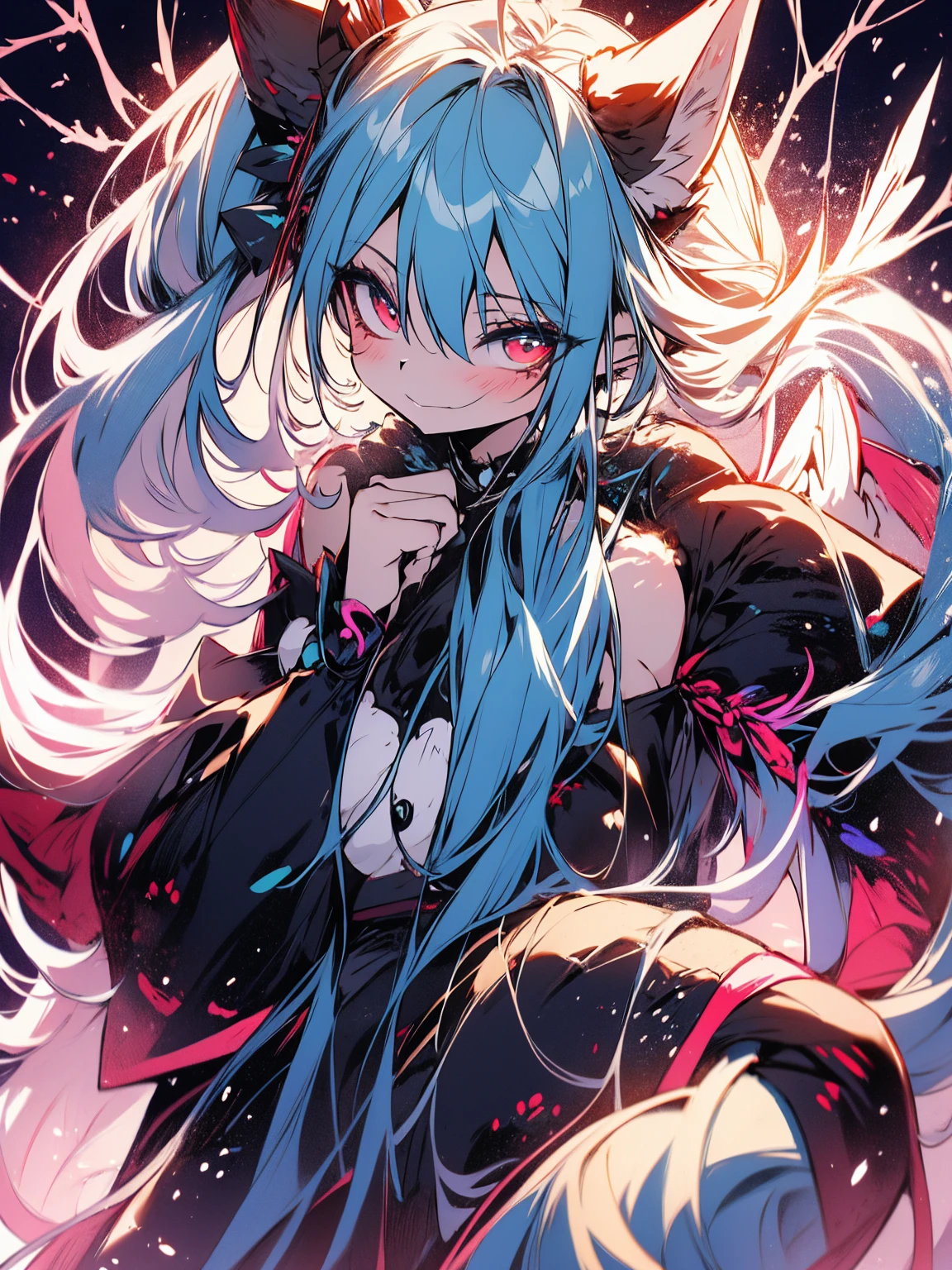 Miku Hatsune, add high definition_detail:1, blue fur,kitsune ears, tribal tattoo add_detail:1, in hell add_detail, batwigs agregar_detail Fer yokai kitsune add_detail:1