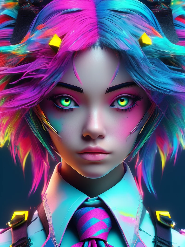 a close up of a person with a weird hair and a tie, epic 3 d abstract emo girl, glitchpunk girl, vibrant fan art, cyberpunk vibrant colors, crazy hair, with haunted eyes and crazy hair, colorfull digital fantasy art, colorful static, 3d digital art 4k, horrific digital art, alice in wonderland cyberpunk, dreamy colorful cyberpunk colors