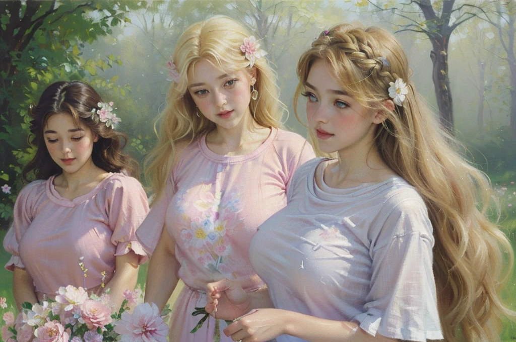 (((group_squeez, multiple girls, group portrait, 3 girls, women together))), ((18 yo, close-up, portrait, detailed face)) , fit , (young) , beautiful , (((pale skin, wavy blonde hair))), (((tight t-shirt, busty, dreamy, loving stare, bright magical fairytale fantasy atmosphere, sexy))), flowers in hair, surrounded by flowers, happy, playful, ((large soft heavy breasts)), in love, ((((magical mist energy, hair flower)))), ((blush, pretty, elegant, oil painting, classic painting, youthful, teenager)), ((((tight t-shirt))))