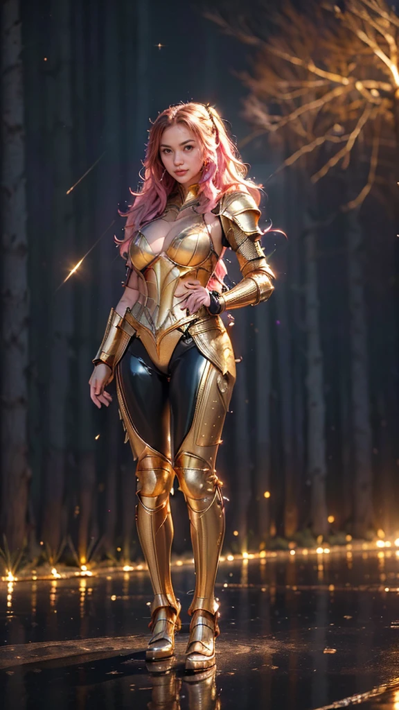 ((best quality)), ((masterpiece)), (ultra detailed lights), ((full body:1.2)), ((skinny body)), anya geraldine, extremely beautiful, ((slim body)), thighs gap, ultra face details, 20 years old, ((pink curvy-hair)), ((hair blown by strong winds :1.3)), Award-winning photograph, ((symmetrical pose)), ((full body golden black armor)), posing in the middle, intricate details, ((thight golden armour)), ((extremely details armor)), ((tight latex pants)), ((24k-gold armor)), ((edge luminous armor)), cameltoe, luminescent, epic lights reflections, she is posing with ((Athena's golden bow)), at beach, full of stars, orange clouds, nebula sky, epic aurora borealis in the background, shooting stars, ((from below))