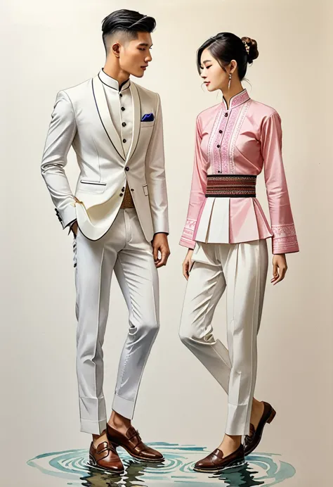 candid fashion illustration of two young man and women, 20-27 year old, adorned in a meticulously crafted north thai traditional...