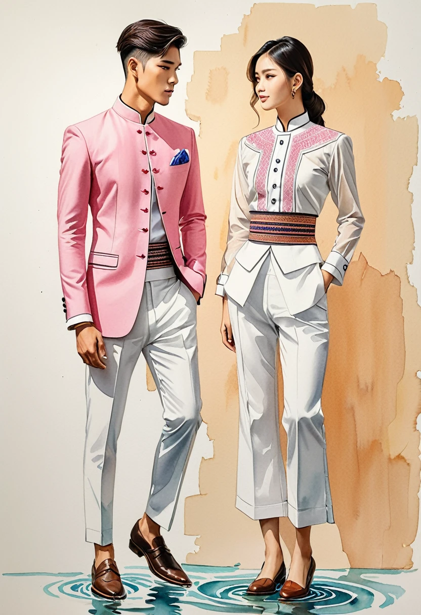 candid fashion illustration of two young man and women, 20-27 year old, adorned in a meticulously crafted North Thai traditional outfits, Lampang, ((showcase fashion Lanna style in cotton handwoven)), simple elegant style, The man wears a simple long-sleeved white mandarin collar suit, paired with Tailor pants, and oxford shoes, The woman complements him with mini tubular skirt made from a cotton ankle-length, simple minimal pink patterns details, fitted intricately decorated waist-length blouse that complements the skirt, standing, Captured in full-body image, ((imperfect water color background)), sketching, realistic drawing, imperfect water color drawing, fashion look book, fashion illustrator, sketch design,