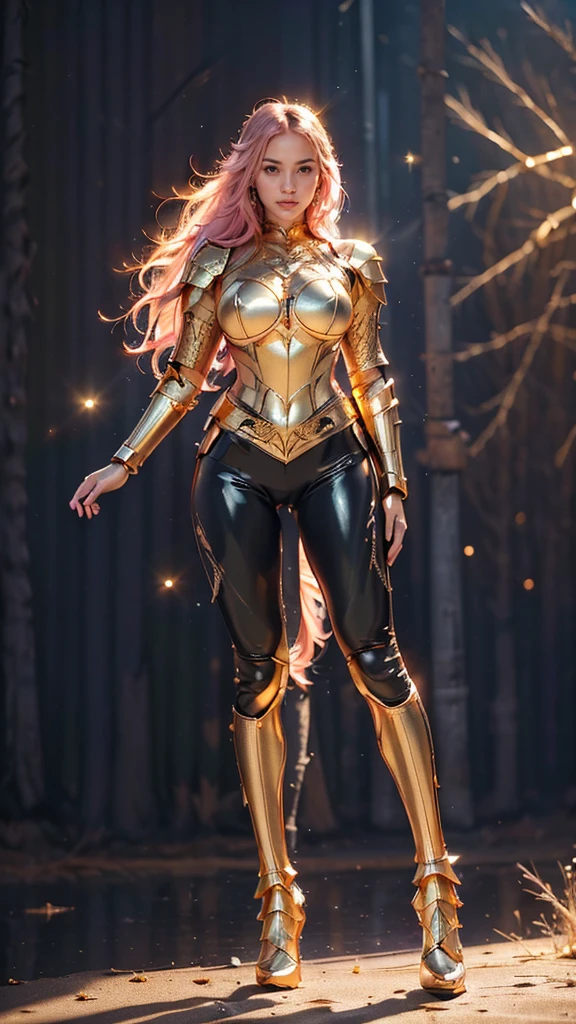 ((best quality)), ((masterpiece)), (ultra detailed lights), ((full body:1.2)), ((skinny body)), anya geraldine, extremely beautiful, ((slim body)), thighs gap, ultra face details, 20 years old, ((pink curvy-hair)), ((hair blown by strong winds :1.3)), Award-winning photograph, ((symmetrical pose)), ((full body golden black armor)), posing in the middle, intricate details, ((thight golden armour)), ((extremely details armor)), ((tight latex pants)), ((24k-gold armor)), ((edge luminous armor)), cameltoe, luminescent, epic lights reflections, she is posing with ((Athena's golden bow)), at beach, full of stars, orange clouds, nebula sky, epic aurora borealis in the background, shooting stars, ((from below))