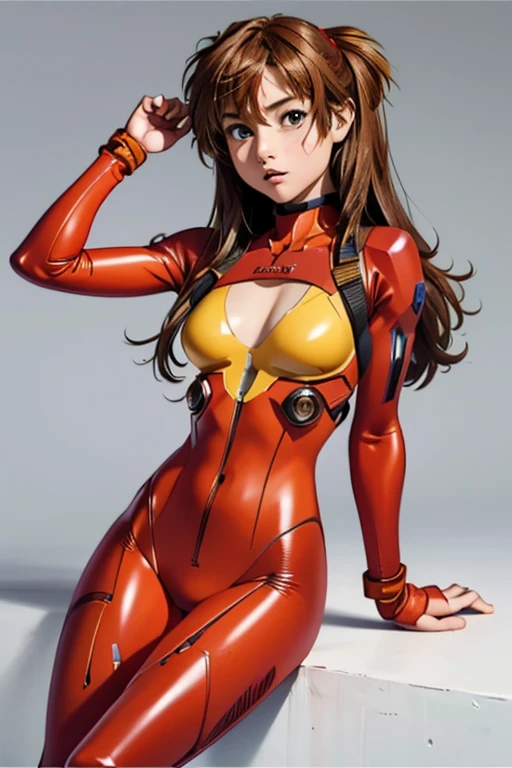 de la máxima calidad　Alta resolución　Simple　Una linda chica haciendo cosplay de Asuka Langley con su traje rojo de piloto　cabeza a pies:1.5