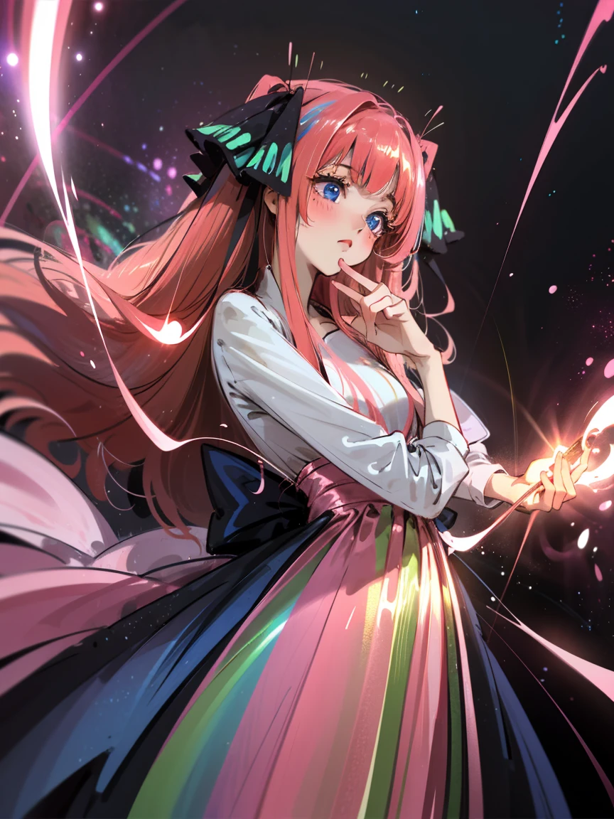 lueur brillante bioluminescente, belle fille en robe de bal fluide, robe de style galaxie, lueur de galaxie, Pétillant, éthéré, cheveux roses fluides et duveteux, cheveux roses irisés soyeux et brillants,  Nakano Nino, rubans pour cheveux, yeux bleus, allons